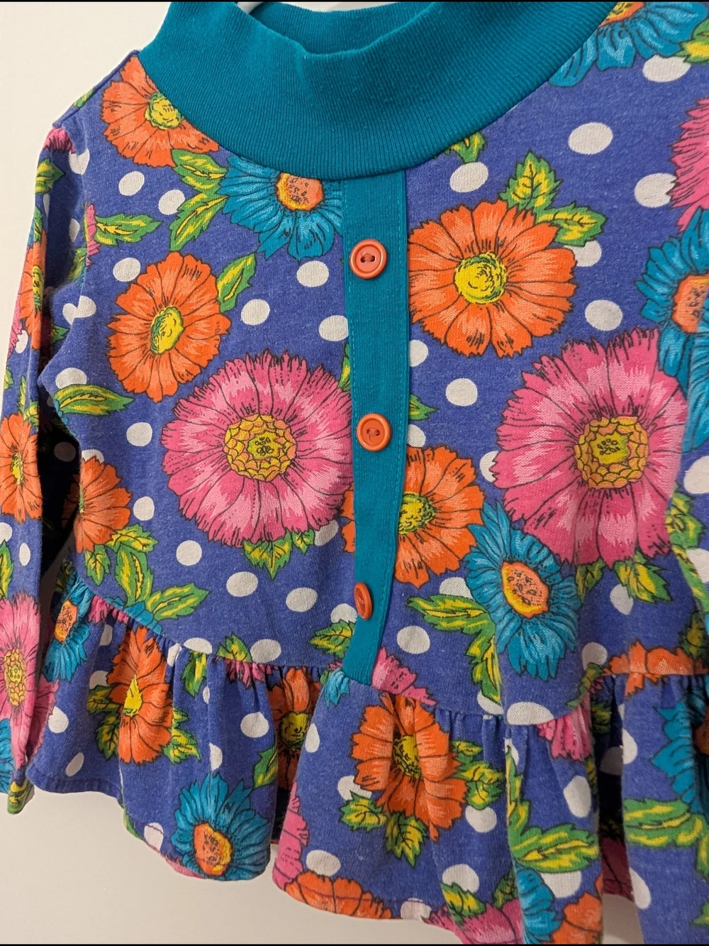 Vintage Blue Floral All Over Print Ruffle Long-Sleeve Top - Picture 2 of 4